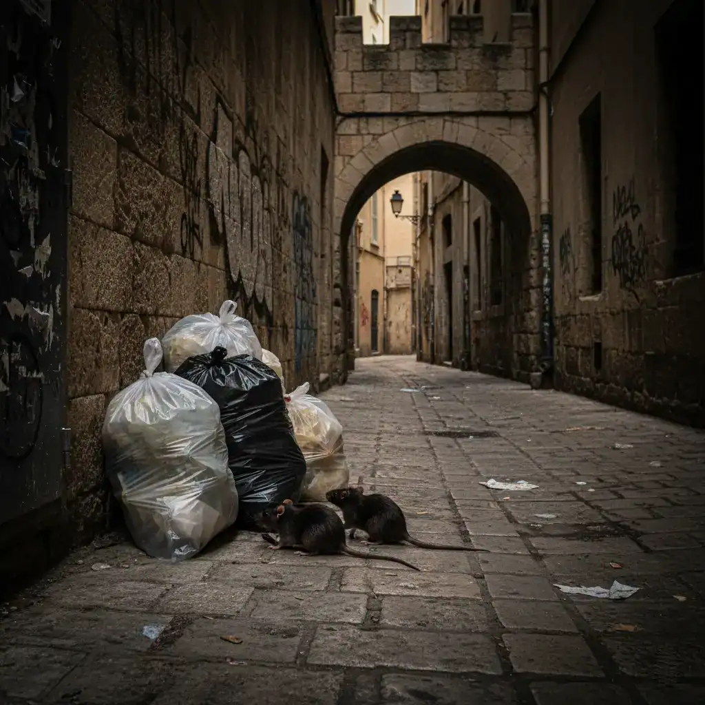 Traitement anti-nuisibles pour les restaurants et cafés 1 Rats dans une rue attirés par les poubelles d'un restaurant