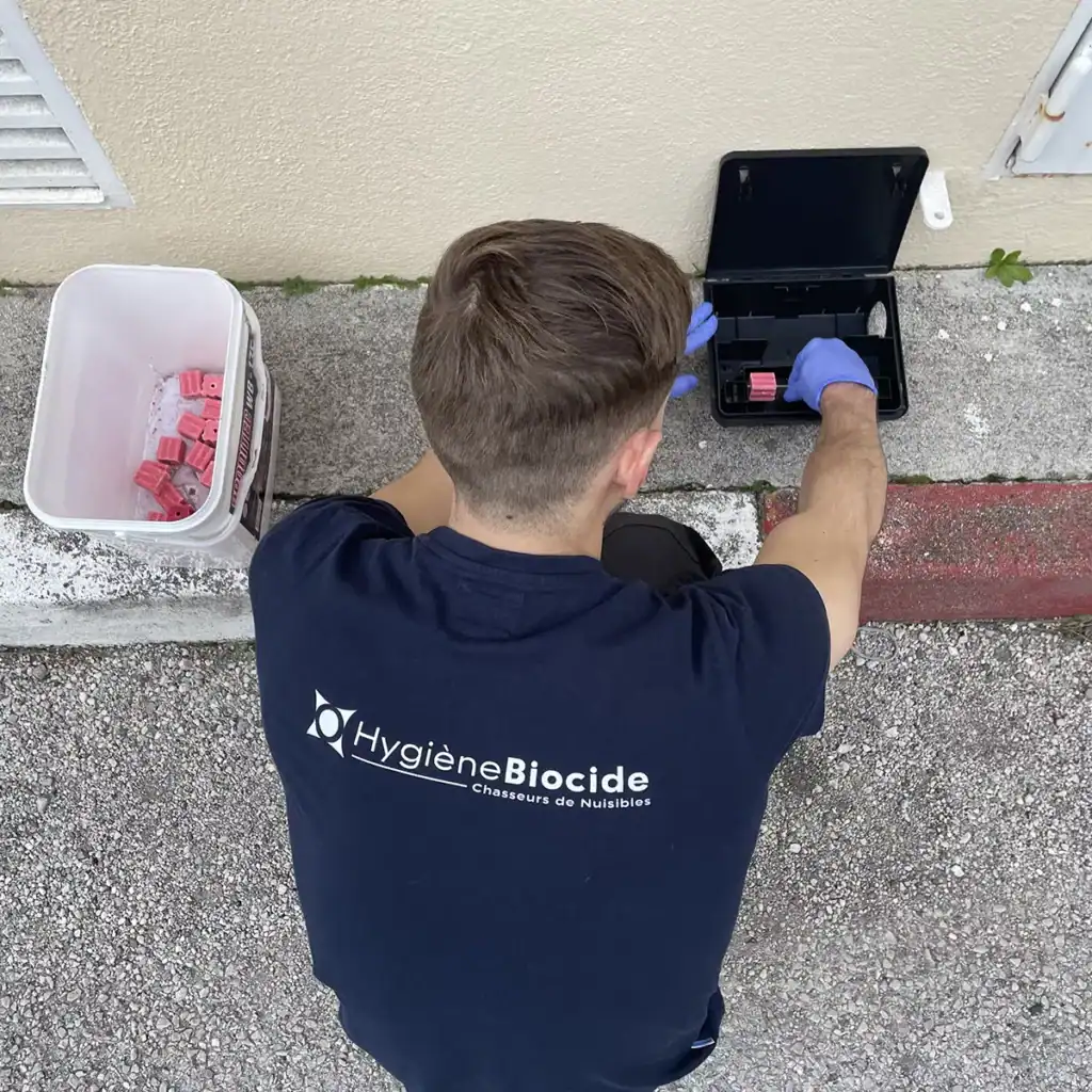 Dératisation à Vitrolles 8 Dératiseur d'Hygiène Biocide en train de poser de piège à rongeurs dans une maison