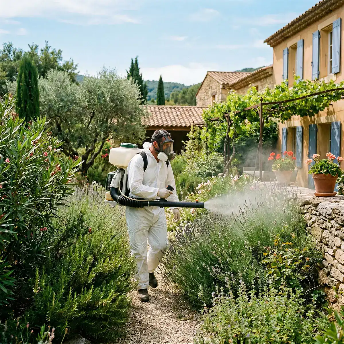 Démoustication à Aubagne 2 Démoustication par nébulisation dans un jardin