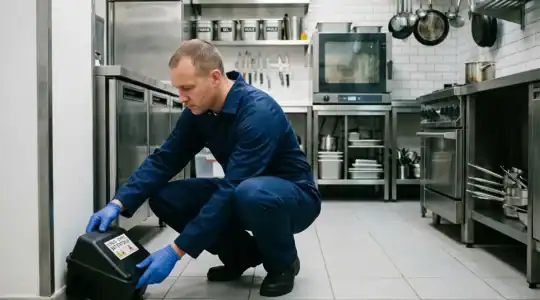 Pose d'un poste d'appâtage pour les rats dans un restaurant