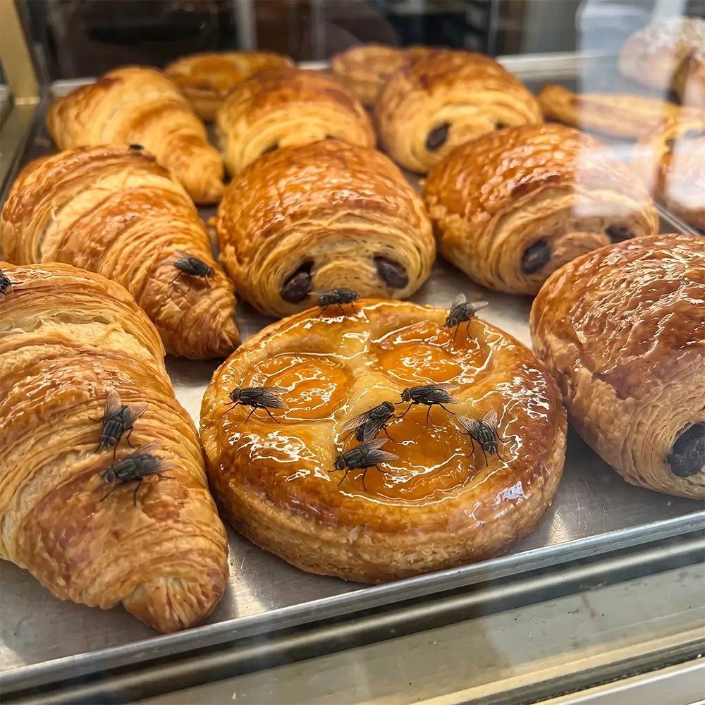 Traitement anti-nuisibles pour les boulangeries 4 Mouches sur des viennoiseries dans une boulangerie à Aix-en-Provence