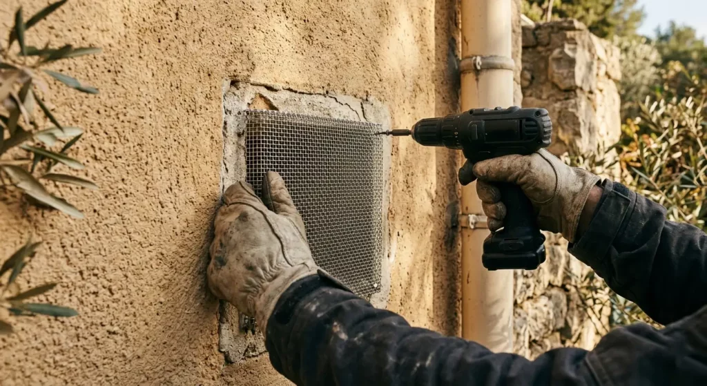 Dératisation à Allauch 3 Pose d'une grille anti rongeurs par un technicien